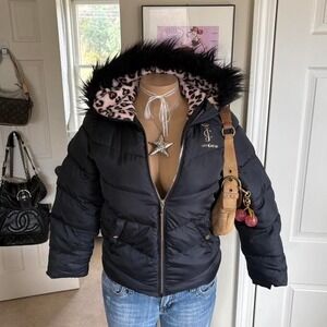 Y2K 2000s OG Juicy Couture faux fur hooded black puffer jacket